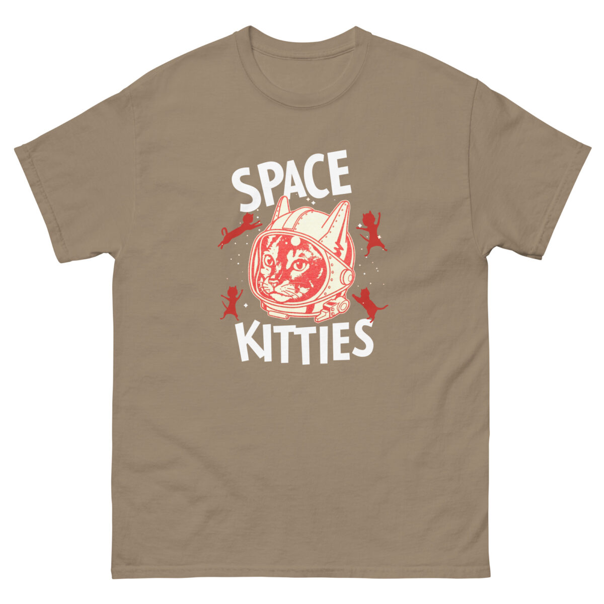 The SPACE KITTIES creative t.shirt design features an illustration of a cat wearing a space helmet. The phrase "Space Kitties" appears in white above and below the cat, accompanied by small red silhouetted figures.