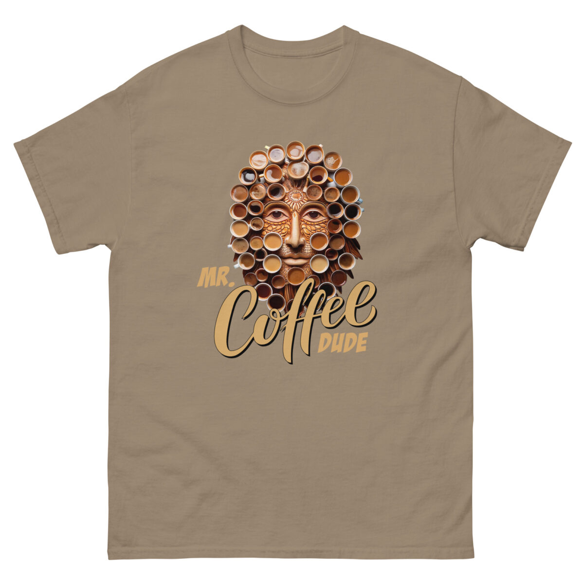 The "Mr. Coffee Dude" T-shirt by Evolve Shirts features a beige background with a distinctive collage of coffee cups shaped into a face, and is highlighted by the bold, stylized text "Mr. Coffee Dude" beneath the design.