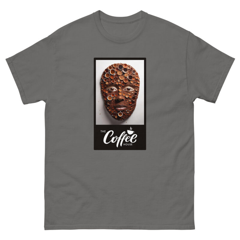 Discover "The Coffee House" by Evolve Shirts—a gray T-shirt adorned with a face made from coffee cups. Beneath this unique design, find the text "THE Coffee HOUSE" alongside a steaming cup icon, perfectly capturing your passion for coffee artistry.