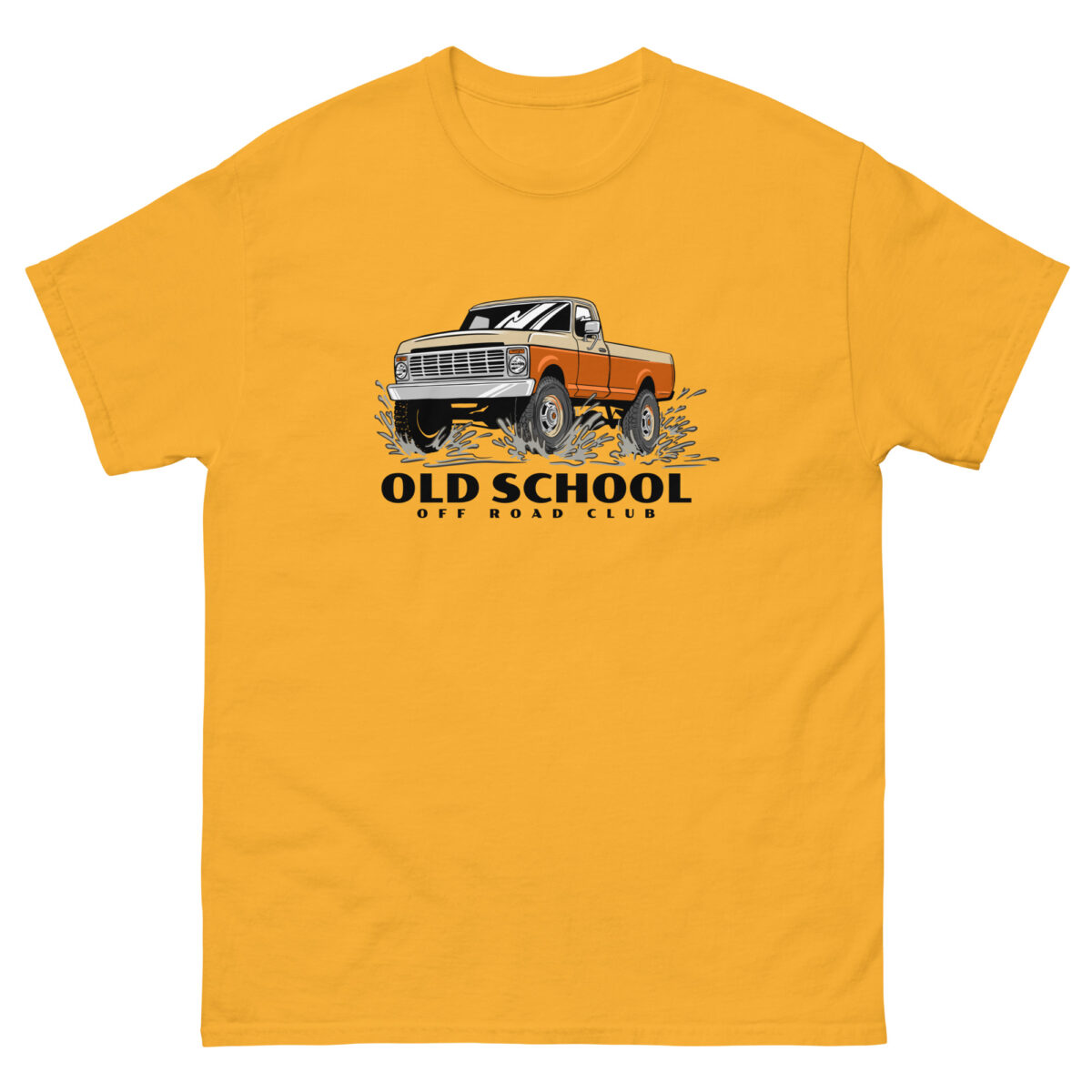 Yellow T-shirt with a vintage off-road truck illustration splashing through mud. Beneath the truck, bold text spells out "OLD SCHOOL OFF ROAD CLUB." This tee is part of the Evolve Shirts OFF ROAD collection, blending classic style with rugged adventure.