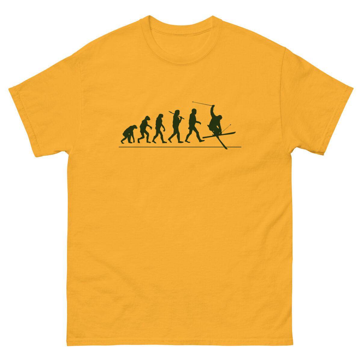 The Evolution - Skiing T-shirt from the Evolve Shirts collection is a vibrant yellow with a bold black graphic depicting human evolution, ending with a figure skiing.