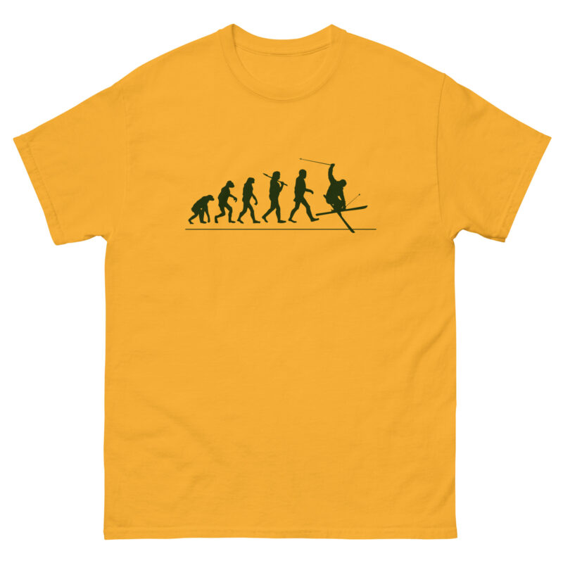 The Evolution - Skiing T-shirt from the Evolve Shirts collection is a vibrant yellow with a bold black graphic depicting human evolution, ending with a figure skiing.