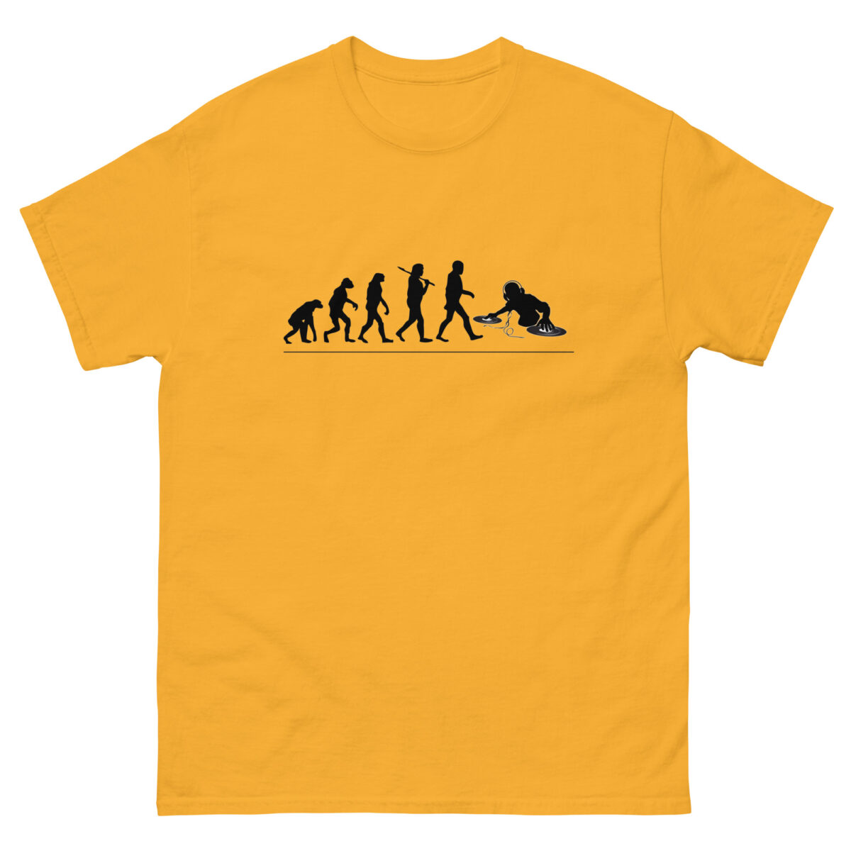 Evolve Shirts presents the "Evolution - DJ" yellow t-shirt, featuring a striking black silhouette design that showcases human evolution culminating in a figure kneeling in prayer.