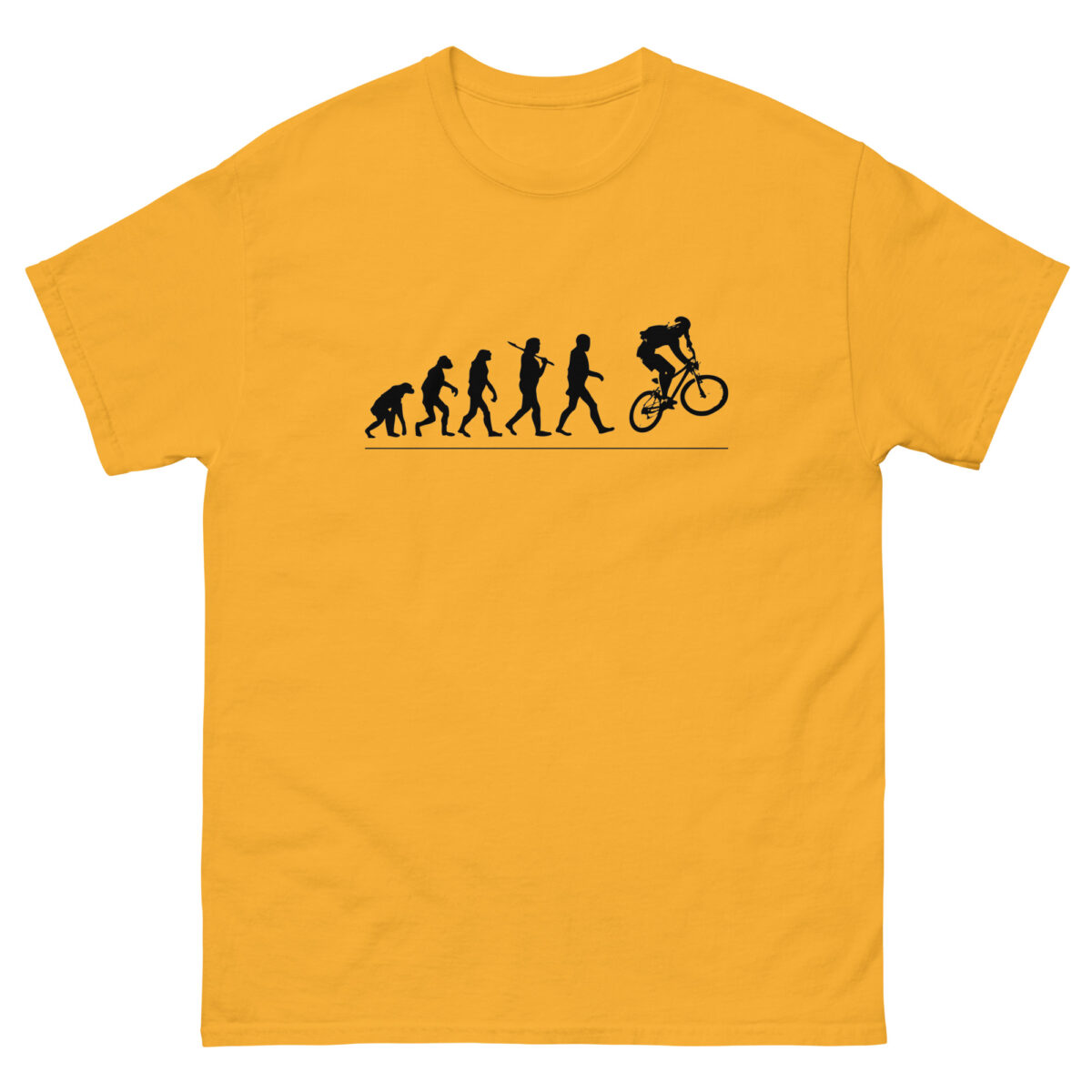 Evolve Shirts presents the "Evolution - Mtn. Bike" yellow T-shirt, featuring a black graphic design that creatively illustrates evolution from ape to human, culminating with someone riding a bicycle.