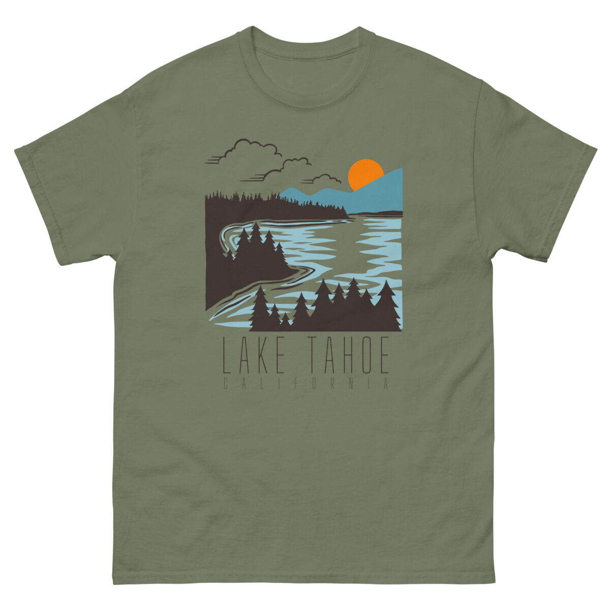 Evolve Shirts introduces the LAKE TAHOE CA T-shirt in green, featuring a mesmerizing graphic of Lake Tahoe with trees, a peaceful lake, stunning mountains, gentle clouds, and a setting sun. The text below proudly states "Lake Tahoe California.