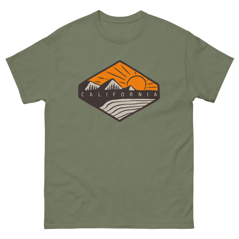 The CALIFORNIA BADGE T-shirt by Evolve Shirts showcases a diamond-shaped logo featuring mountains, a setting sun, and an ocean wave. The word "California" is elegantly displayed below the design, capturing the spirit of adventure and transformation.