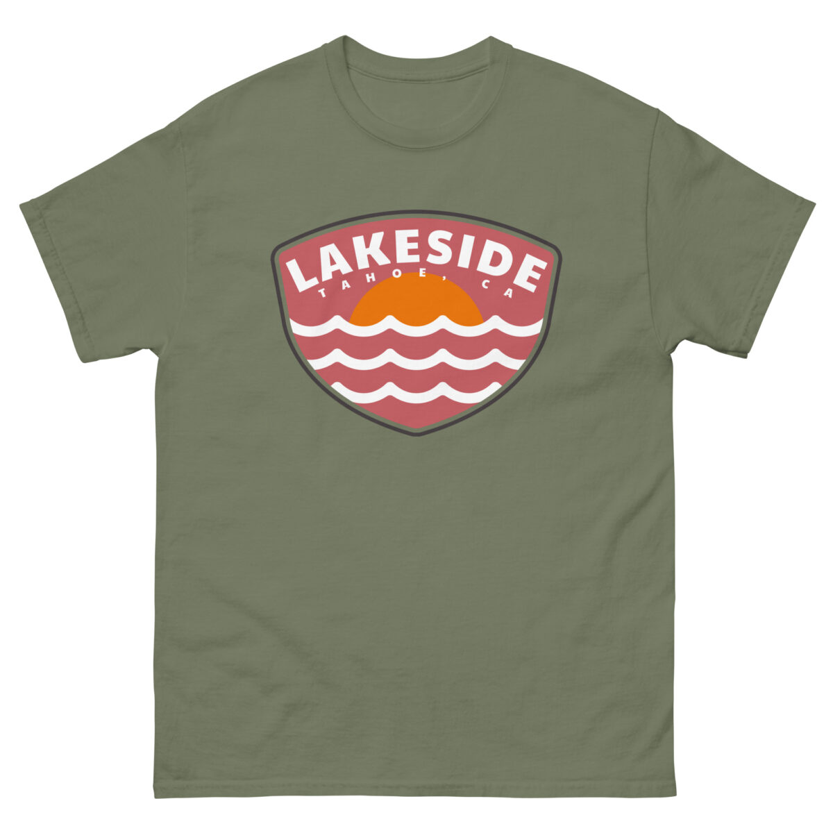 Introducing the "LAKESIDE, CA" green T-shirt from Evolve Shirts, featuring a shield-shaped emblem with a sunset over stylized waves. The text "Lakeside Tahoe CA" is elegantly displayed in white and orange against a red backdrop.