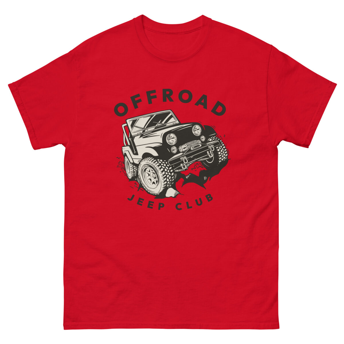 Product Name: Off Road Jeep Club

Description: This red T-shirt features a graphic design of a Jeep navigating through rugged terrain. The print is encircled by the text "Offroad Jeep Club," with "Offroad" above and "Jeep Club" below the image, perfectly capturing the spirit of adventure. Part of the Evolve Shirts collection, this tee embodies an adventurous and rugged spirit.