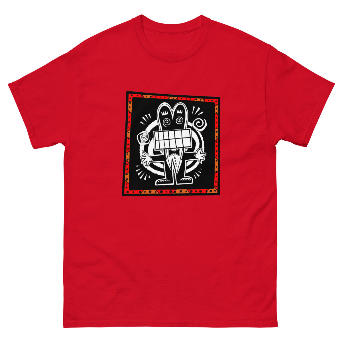 The Evolve Shirts collection features the "Wacky man," a red t-shirt showcasing a bold, abstract design. At its center, a black square presents a stylized, cartoonish figure with large teeth and wavy arms rendered in monochrome. A dotted red border adds the finishing touch to this striking piece.