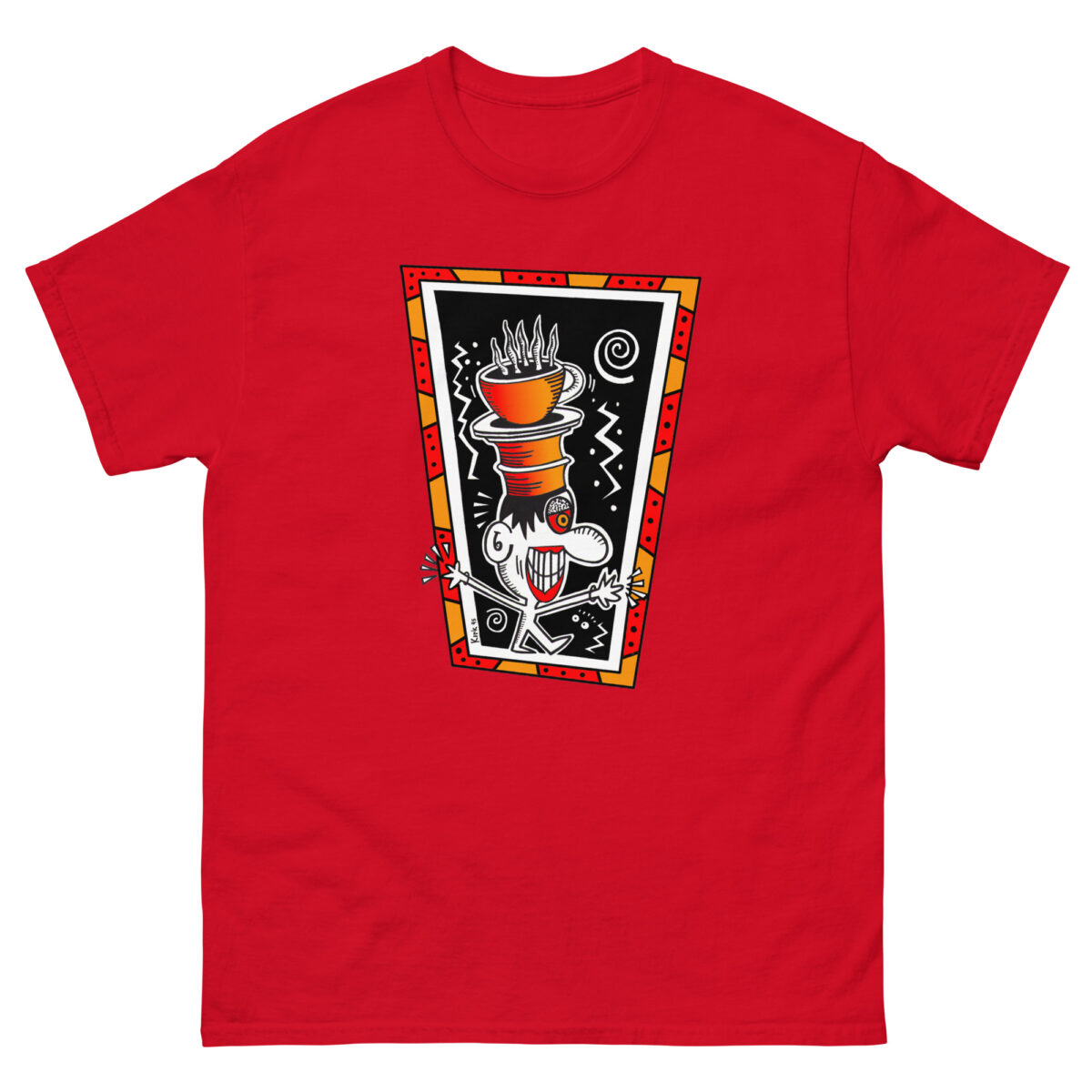 Evolve Shirts introduces the "Coffee Head," a red t-shirt featuring a cartoon character with a stack of plates on its head, encircled by abstract black and white patterns within a rectangular frame.