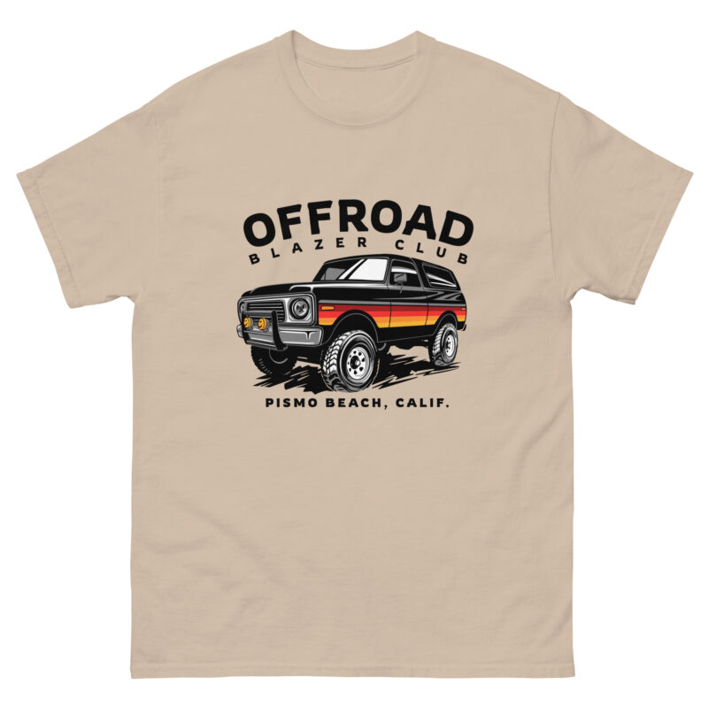 The Off Road Blazer Club beige T-shirt from Evolve Shirts showcases a vintage off-road vehicle illustration. The phrase "Offroad Blazer Club" is prominently displayed above, while "Pismo Beach, Calif." is elegantly placed beneath.