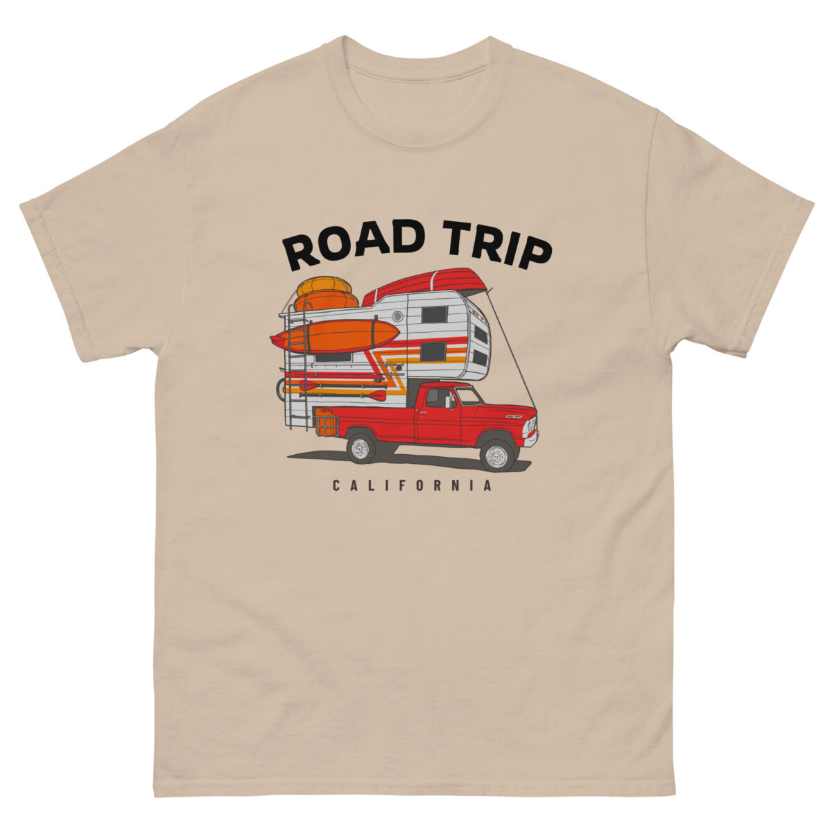 The Evolve Shirts collection offers the ROAD TRIP T-shirt in beige, featuring a depiction of a red pickup truck with a camper and kayak on top. The shirt proudly displays the words "ROAD TRIP" above and "CALIFORNIA" below, embodying the essence of adventure.