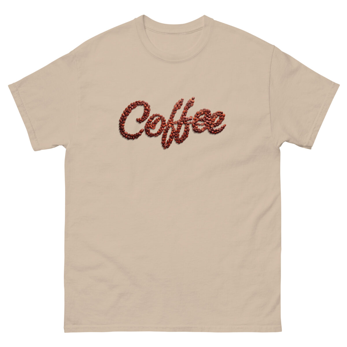 The Evolve Shirts collection includes a beige T-shirt named "Coffee," artistically crafted from coffee beans, seamlessly blending style and passion.