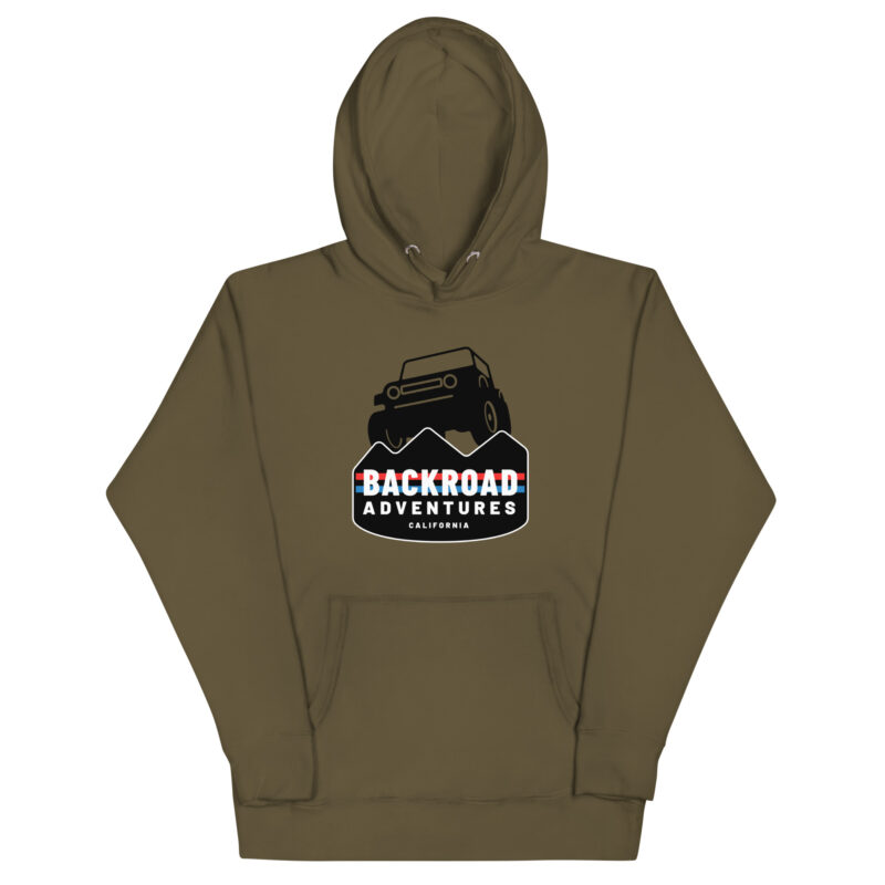 Evolve Shirts introduces the BACKROAD ADVENTURES HOODIE, featuring an olive green design with a black silhouette of a 4x4 vehicle against a mountain backdrop. The text "Backroad Adventures, California" below captures the adventurous spirit in style.