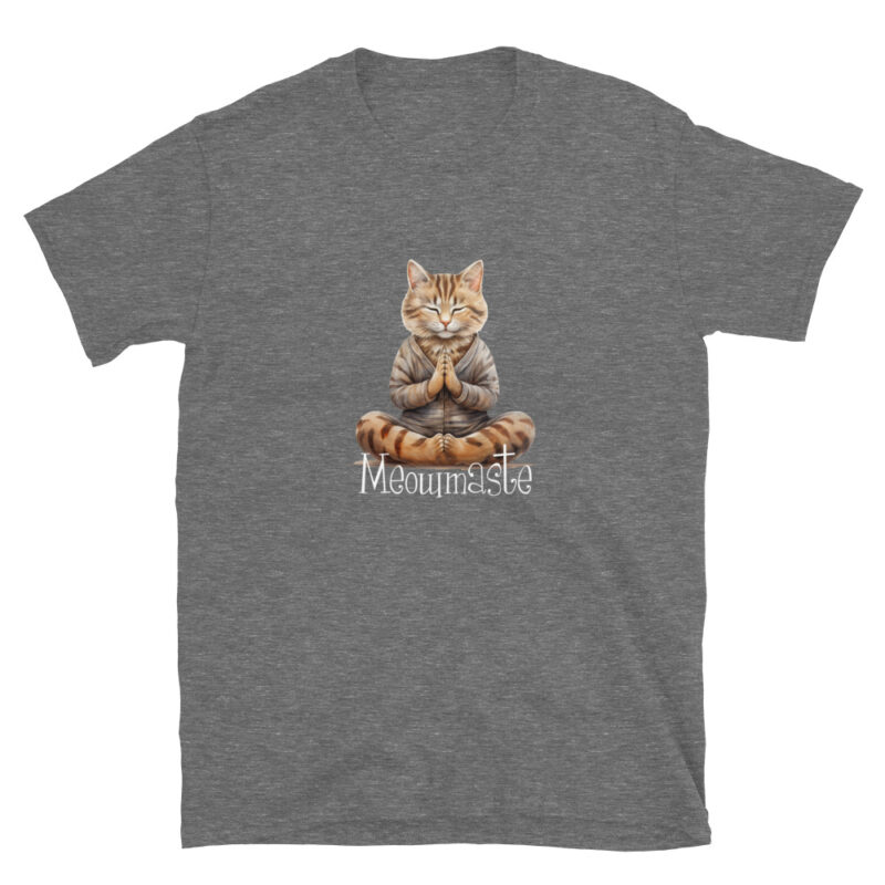 This MeowMaste gray t-shirt from Evolve Shirts showcases a cat illustration in a meditative yoga pose with its paws together. Below the tranquil feline, the text reads "Meowmaste.