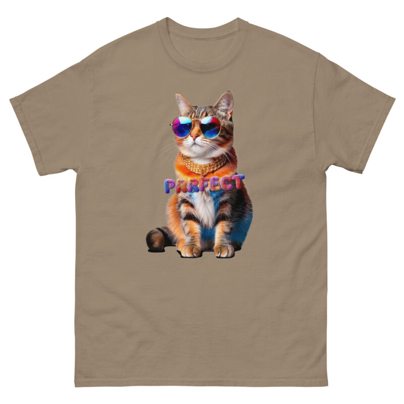 The Purrfect Kittie is a beige t-shirt showcasing a graphic of a cat adorned with colorful sunglasses and a scarf, with the word "Purrfect" prominently displayed in bold, colorful lettering beneath it.