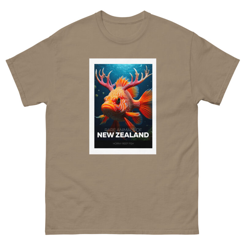 Beige T-shirt showcasing a vibrant illustration titled "Rare Animals - Horny Reef Fish," depicting a fish with horn-like features against a blue underwater backdrop.