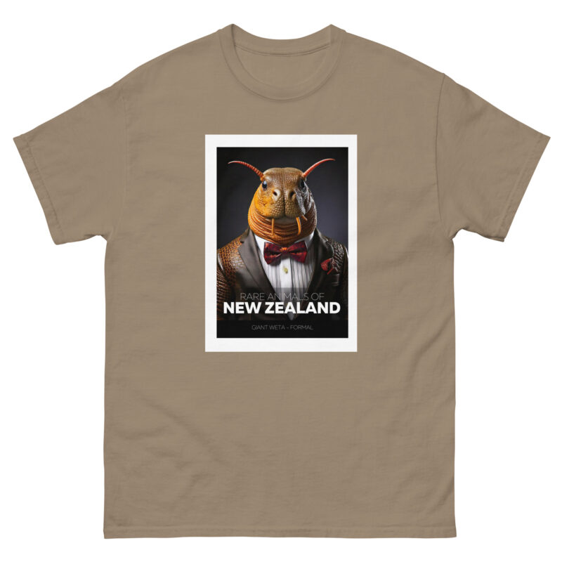 The Rare Animals - Giant Weta t-shirt is tan and showcases an image of a giant weta, a New Zealand insect, adorned in a formal tuxedo with a bow tie. The text reads "Rare Animals of New Zealand and Giant Weta - Formal.