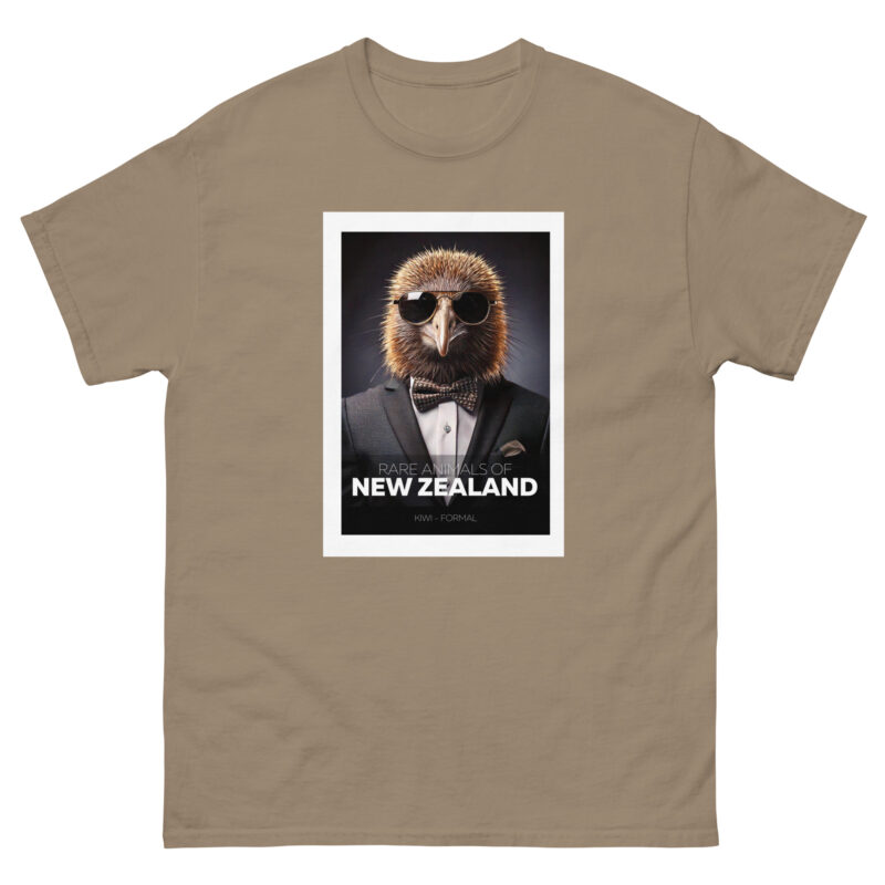 A tan T-shirt showcasing the product "Rare Animals - Formal Kiwi," which features a graphic of a kiwi bird dressed in a tuxedo with sunglasses and text that reads "Rare Animals of New Zealand - Kiwi - Formal.