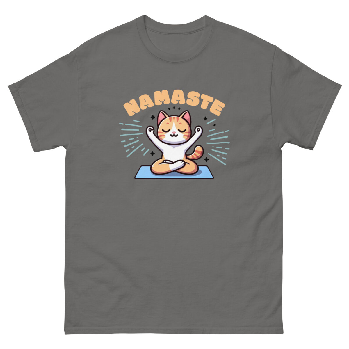 The "Namaste" creative t.shirt design highlights a cartoon cat in a yoga pose on a blue mat. The word "Namaste" is playfully written in orange letters above, with radiating lines to convey energy and movement.