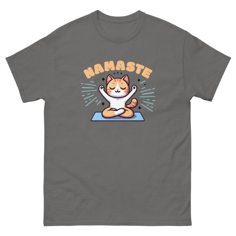 The "Namaste" creative t.shirt design highlights a cartoon cat in a yoga pose on a blue mat. The word "Namaste" is playfully written in orange letters above, with radiating lines to convey energy and movement.