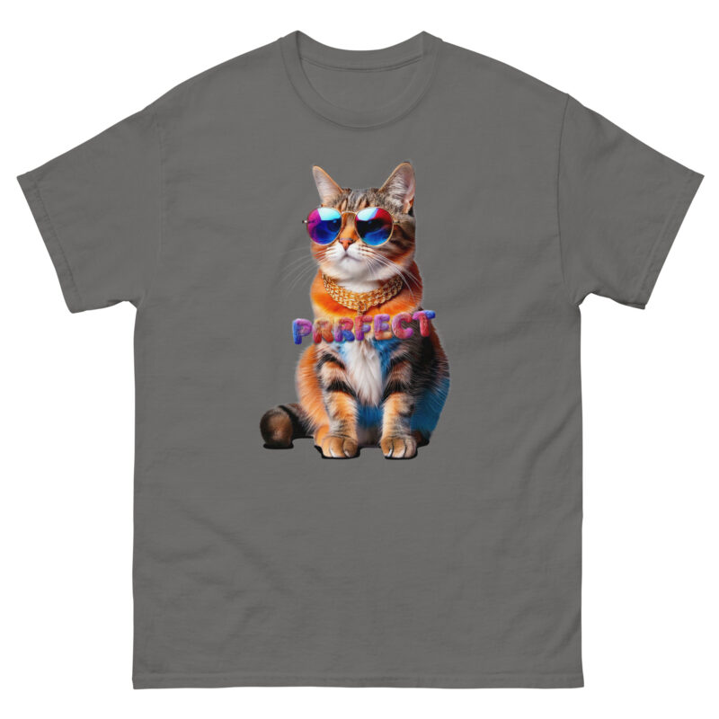 The Purrfect Kittie gray T-shirt showcases a graphic of a fashionable cat sporting sunglasses and a chain necklace, with the word "PURRFECT" displayed in vibrant letters across the chest.