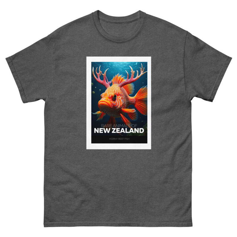 A gray T-shirt showcasing a vibrant orange imaginary fish adorned with antlers, set against a detailed blue underwater background. The design is labeled "Rare Animals - Horny Reef Fish.