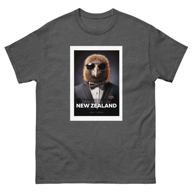 A gray t-shirt features the image of a kiwi bird dressed in sunglasses and a tuxedo, with the text "Rare Animals of New Zealand" and "Kiwi - Formal" printed beneath.