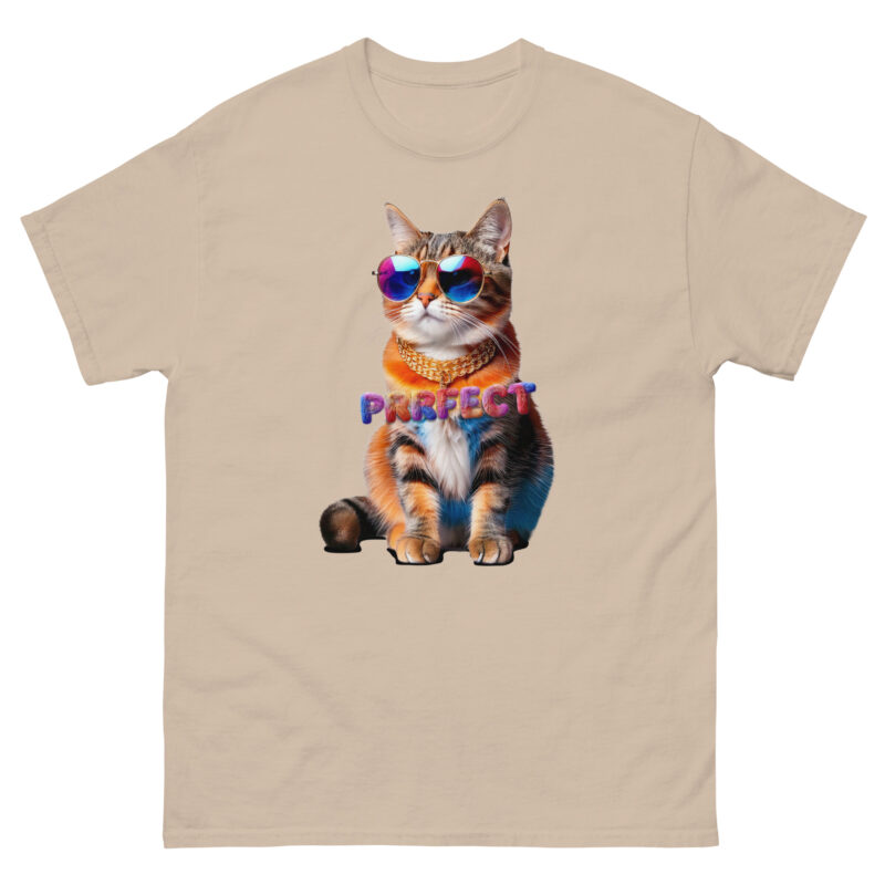 Introducing the Purrfect Kittie: a beige t-shirt adorned with an illustrated cat, stylishly decked out in colorful sunglasses and necklace, with the word "PRRFECT" displayed in lively letters across the front. The cat sits upright, radiating a cool and fashionable aura.