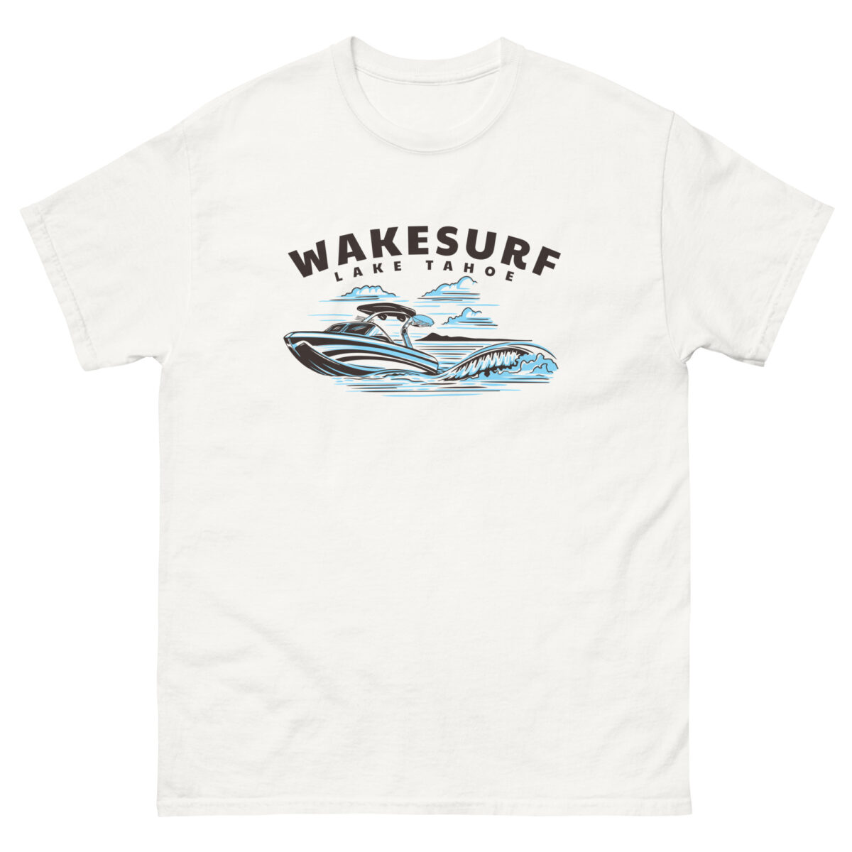 Introducing the Wakesurf Tahoe, a white T-shirt featuring a stunning boat and waves design in black and blue.