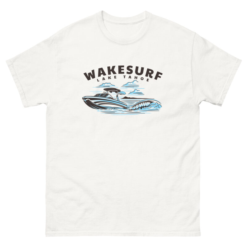 Introducing the Wakesurf Tahoe, a white T-shirt featuring a stunning boat and waves design in black and blue.