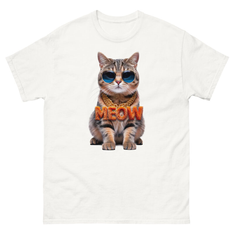 A cat wearing sunglasses and a gold chain sits confidently on the Cool Kitty shirt, with the word MEOW boldly emblazoned across the front. The background remains a crisp white, spotlighting this stylish feline statement.