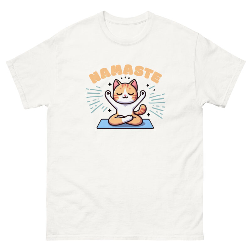 Illustration for the Namaste T-shirt features a cartoon cat with orange and white fur sitting cross-legged in a meditative pose on a yoga mat, smiling peacefully beneath the word "Namaste" on a white T-shirt.