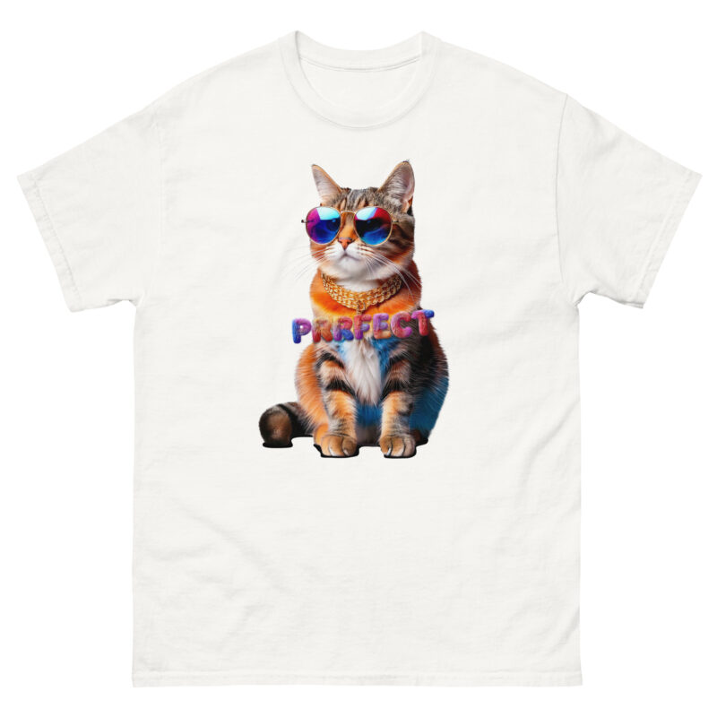 A white T-shirt features the "Purrfect Kittie" design, showcasing a confident cat wearing vibrant sunglasses and an orange scarf, with the word "PURRFECT" in rainbow colors centered below.