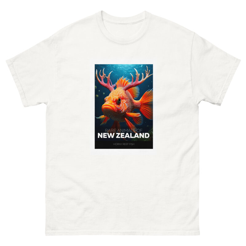 A white t-shirt showcasing a vibrant illustration of the Horny Reef Fish, part of the Rare Animals collection. The design features blues and oranges, with horn-like fins on the colorful fish. Text reads RARE ANIMALS OF NEW ZEALAND and HORNY REEF FISH.