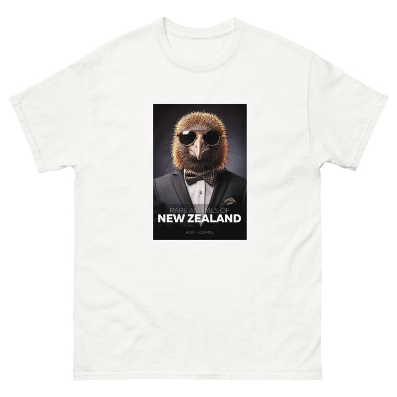 Product Name: Rare Animals - Formal Kiwi

Description: A white T-shirt showcasing a kiwi bird dressed in a suit, sunglasses, and bow tie. Below the image, the text reads "RARE ANIMALS OF NEW ZEALAND" and "KIWI - FORMAL.