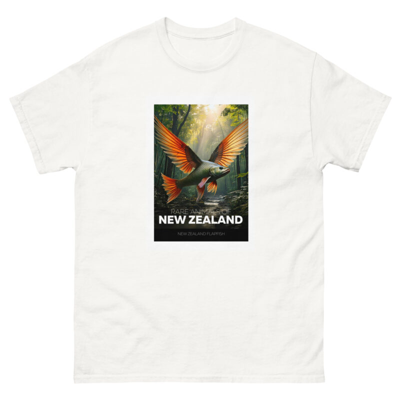 A white T-shirt showcases an illustration of a brightly colored bird with vivid orange wings soaring through a sunlit forest, exuding a warm ambiance. Underneath the bird, the text says NEW ZEALAND and Rare Animals - NZ Flapfish.